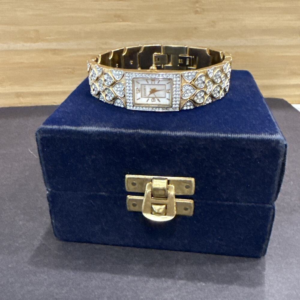 VTG Elgin Rhinestone Heart Bracelet Watch Gold Tone Cocktail w Box